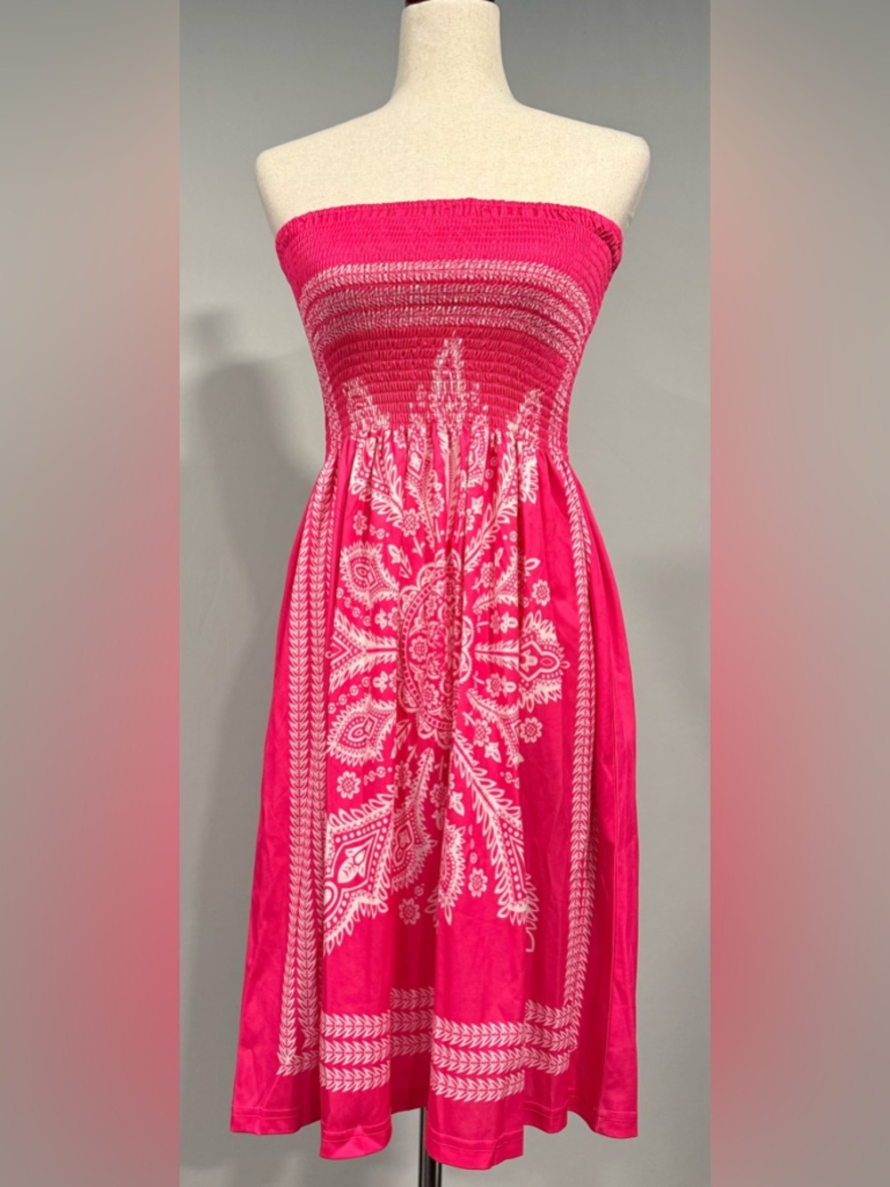 Strapless Pink & White Print Summer Dress/Beach Cover Up